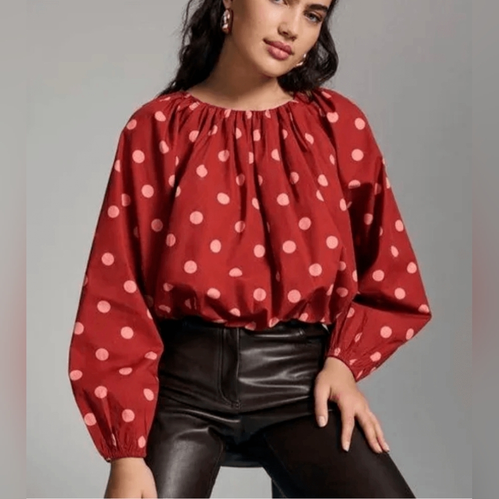 Maeve Red Polka Dot Long Sleeve Crop Top anthropologie, size M, NWT
